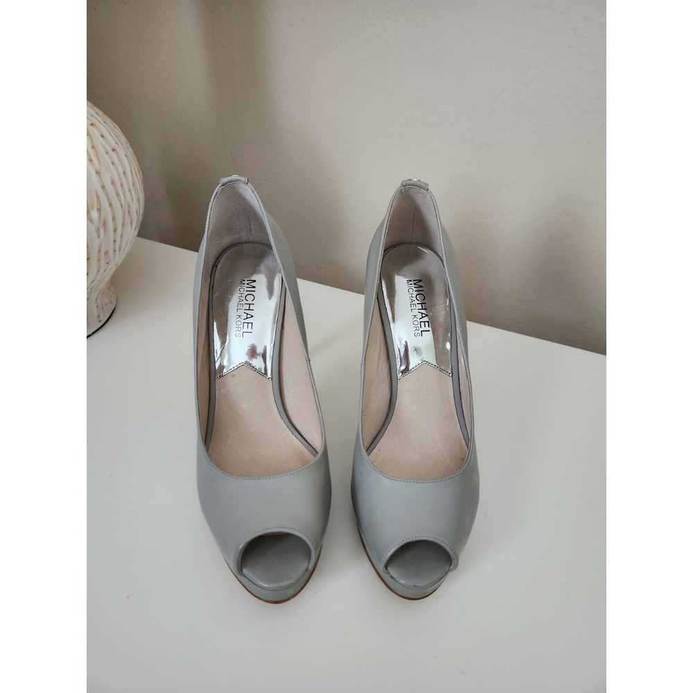 Michael Kors Womens Gray Leather Open Toe Slip On Platform Pumps Size 7